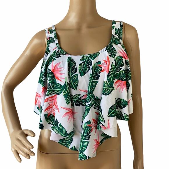 New Eomenie Women Multicolor Tropical Ruffled Double Strap Flowy Swimsuit Top L - Picture 1 of 5